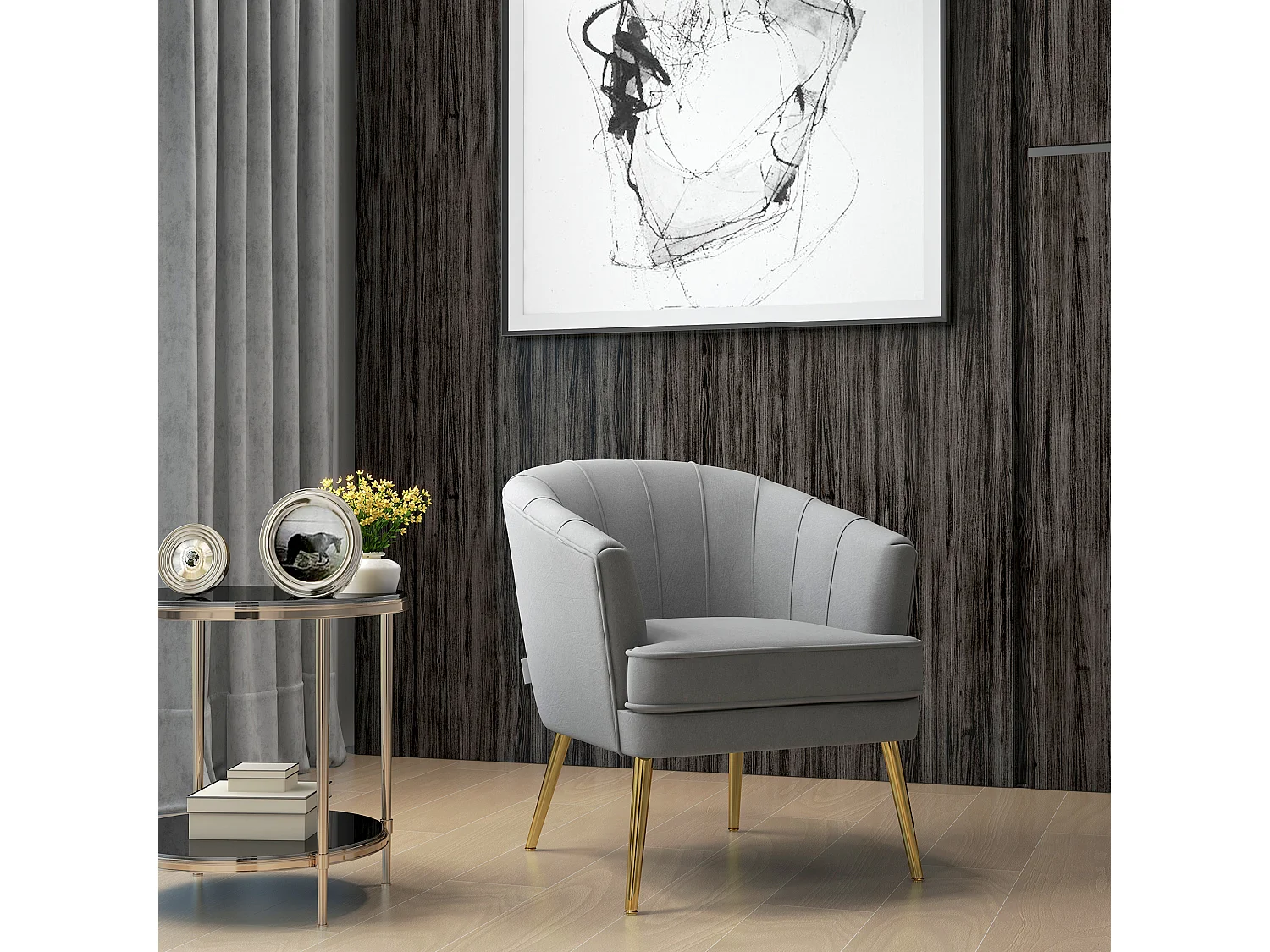 Poltrona in velluto grigio con gambe dorate in acciaio