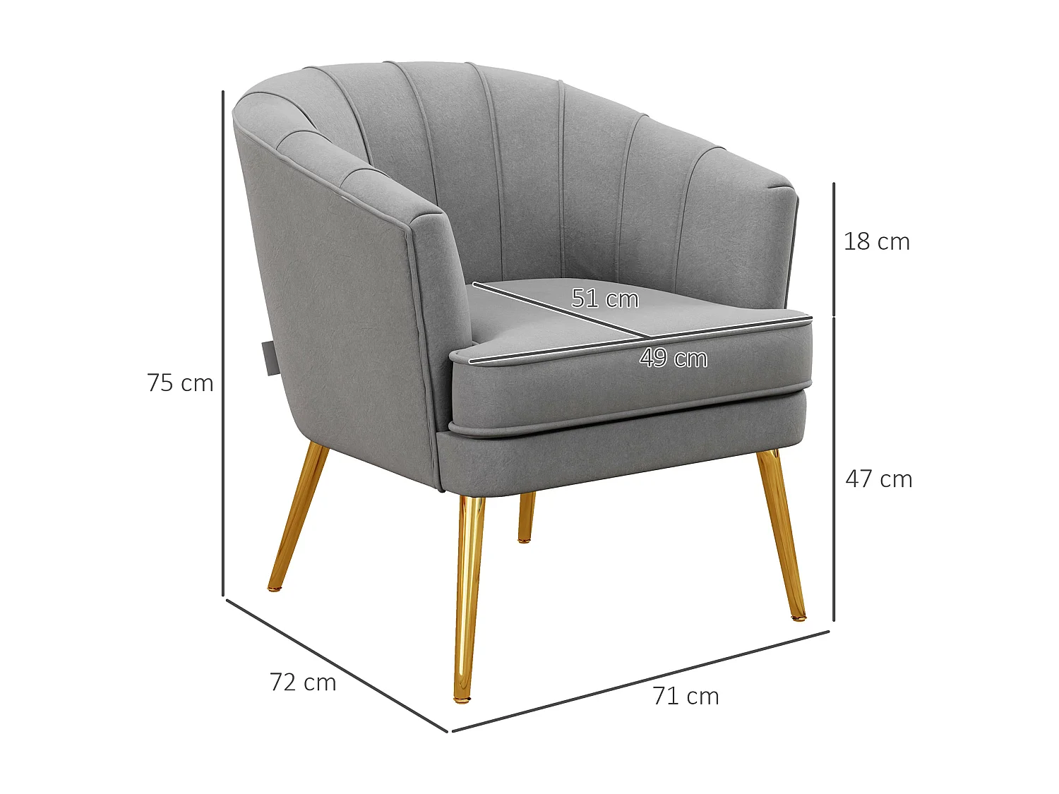 Poltrona in velluto grigio con gambe dorate in acciaio