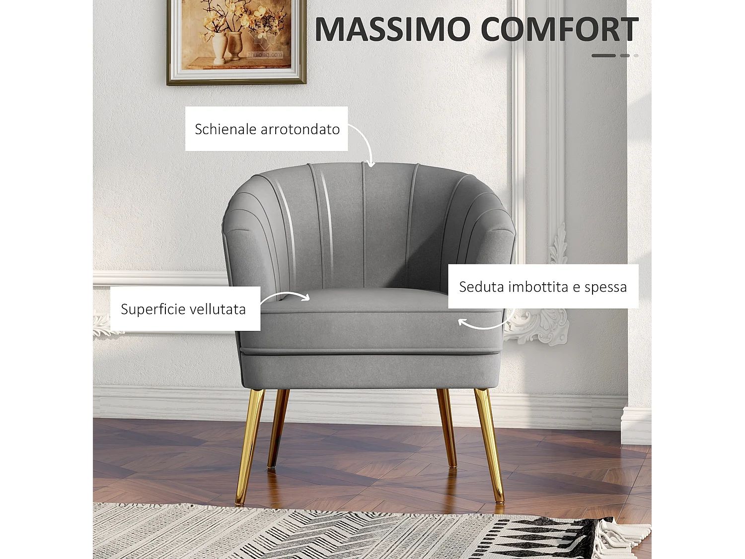 Poltrona in velluto grigio con gambe dorate in acciaio