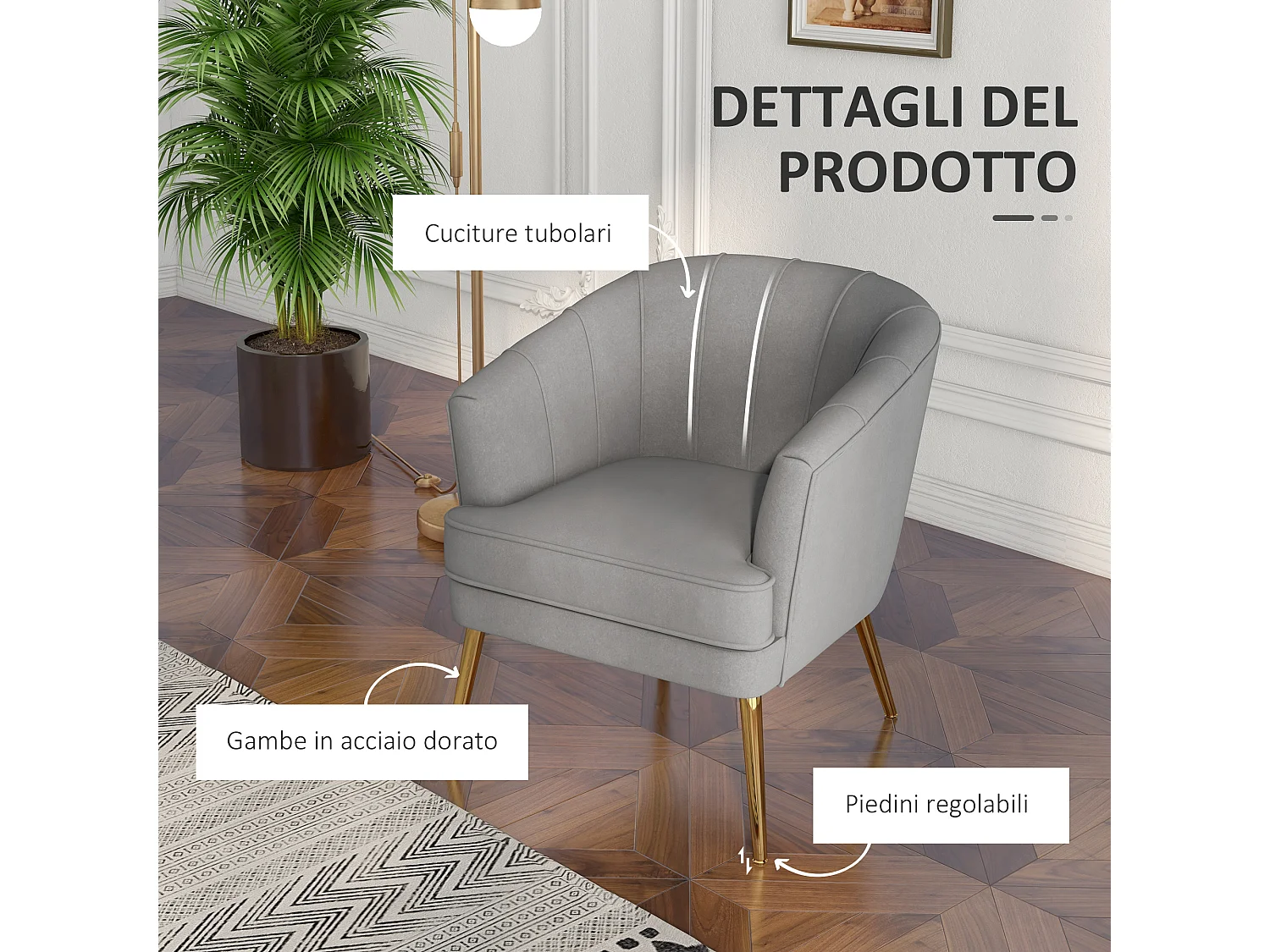 Poltrona in velluto grigio con gambe dorate in acciaio