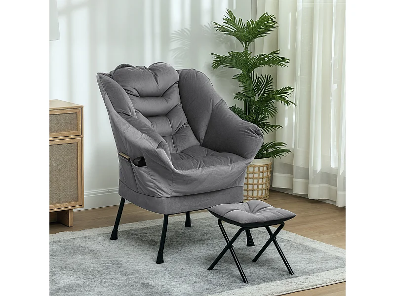 Poltrona moderna con poggiapiedi e tasche Laterali vellutata grigio