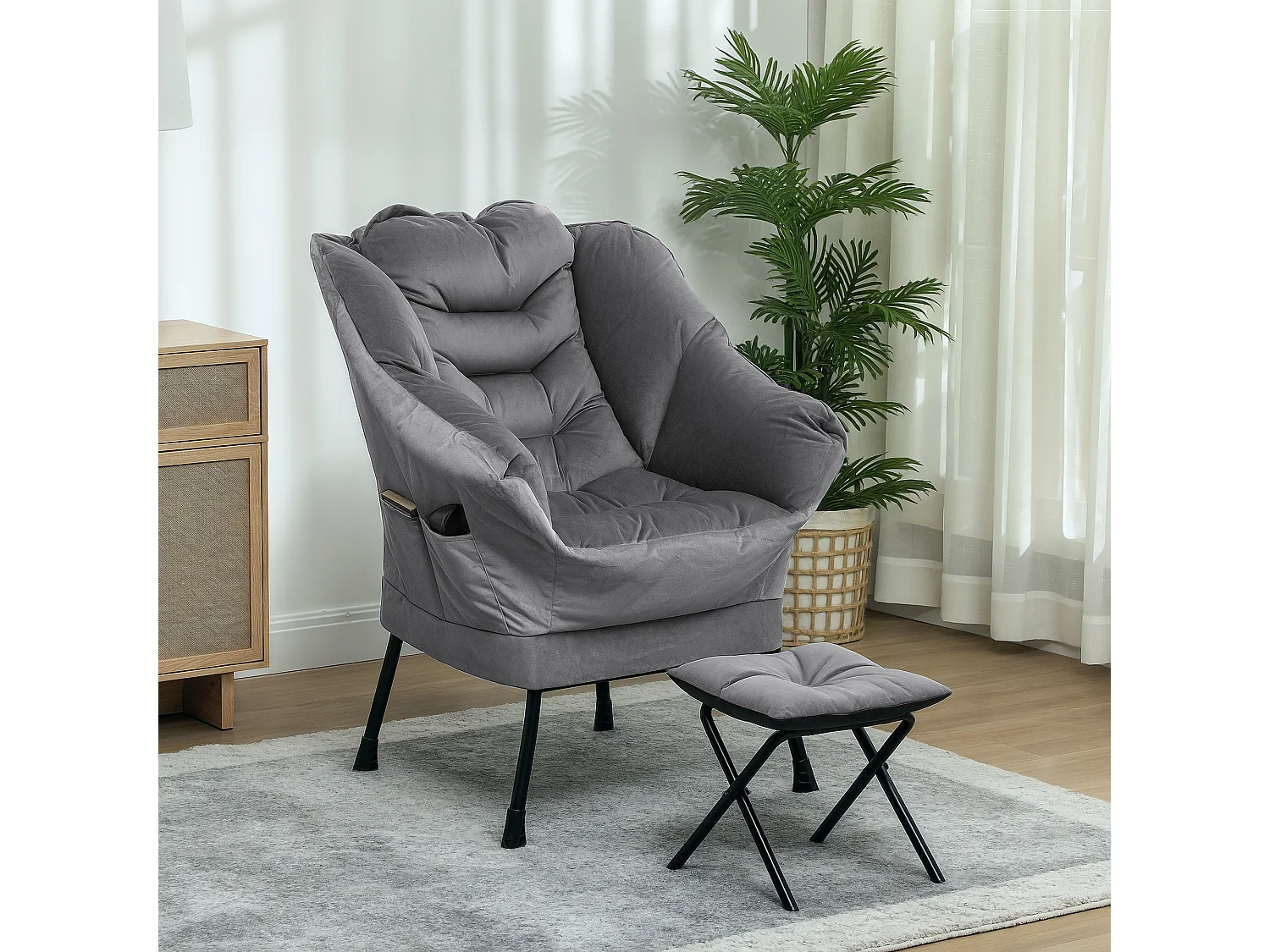 Poltrona moderna con poggiapiedi e tasche Laterali vellutata grigio