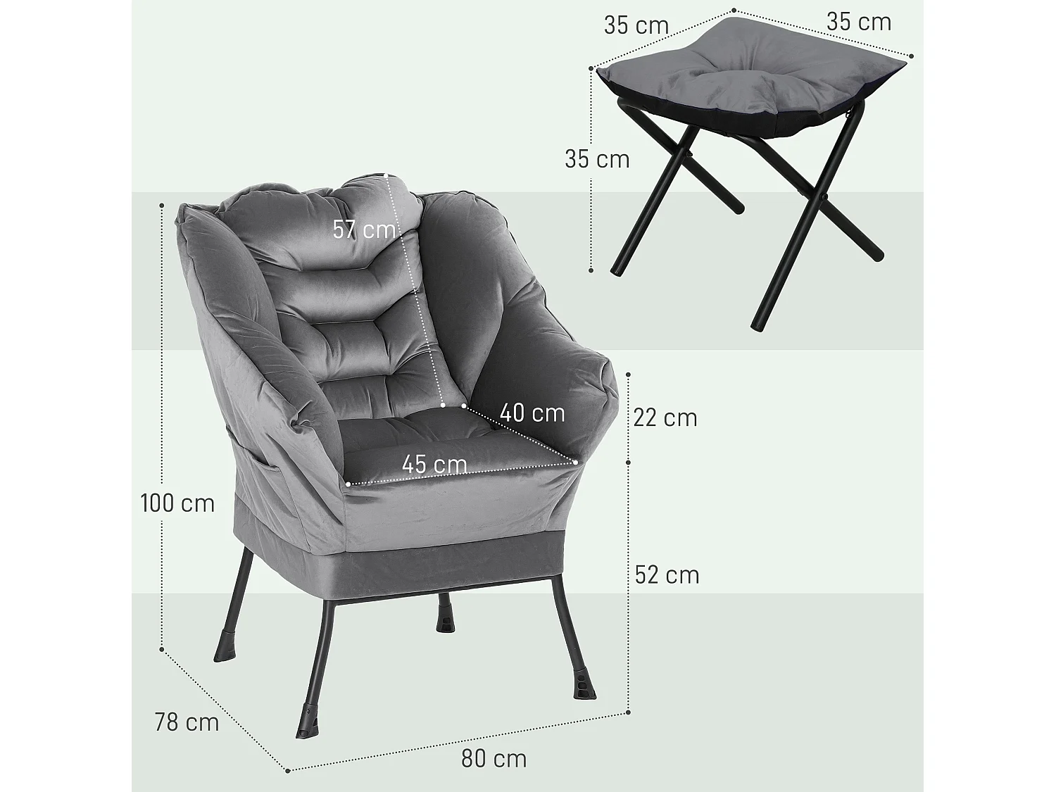 Poltrona moderna con poggiapiedi e tasche Laterali vellutata grigio