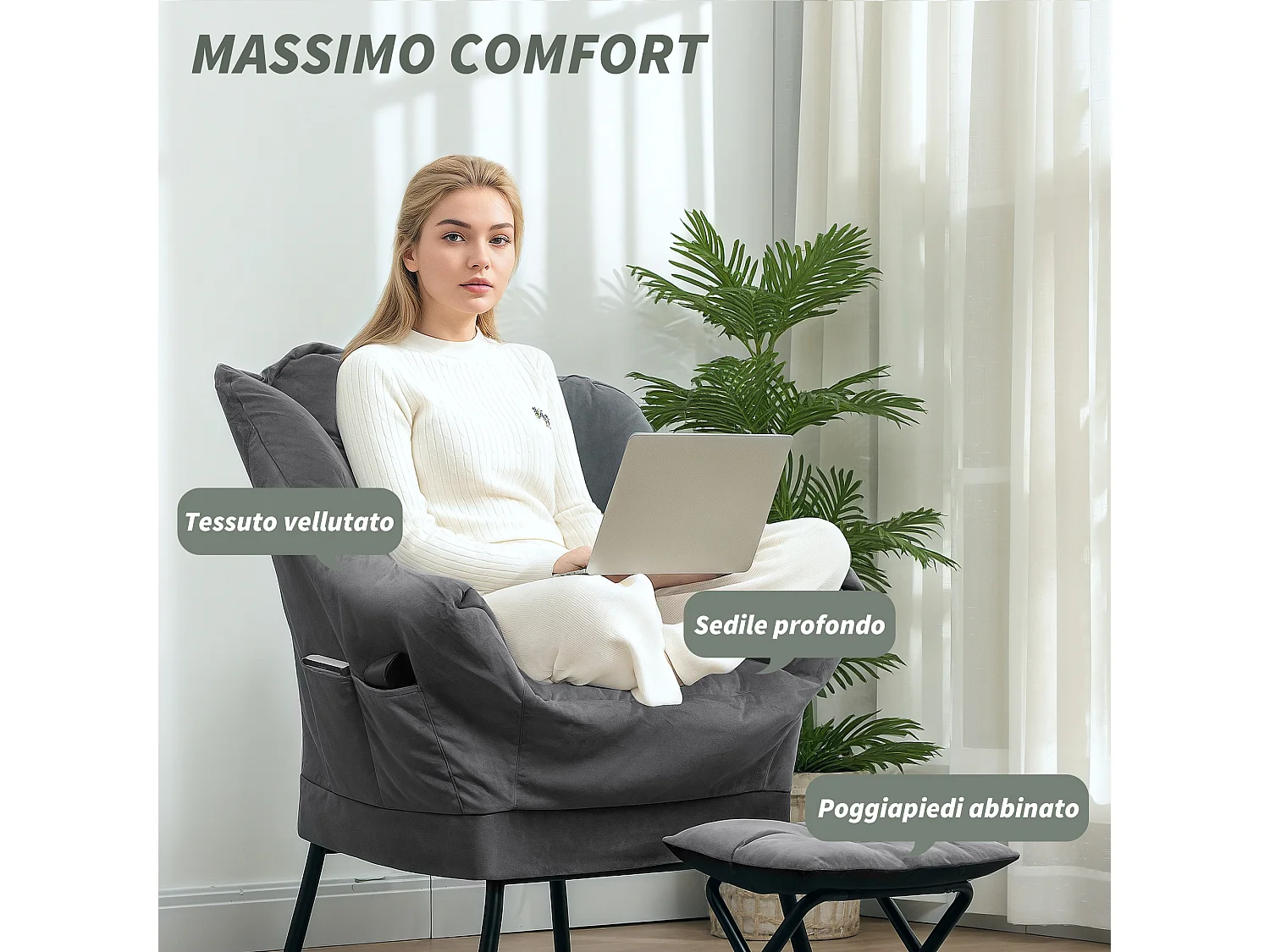 Poltrona moderna con poggiapiedi e tasche Laterali vellutata grigio