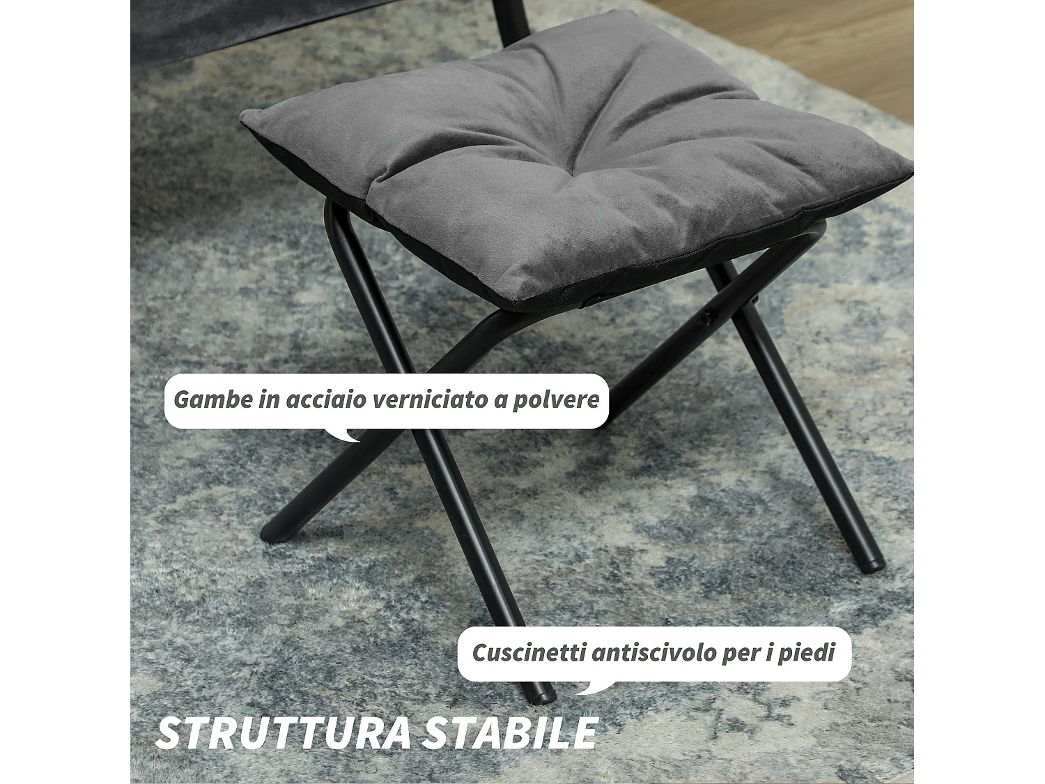 Poltrona moderna con poggiapiedi e tasche Laterali vellutata grigio