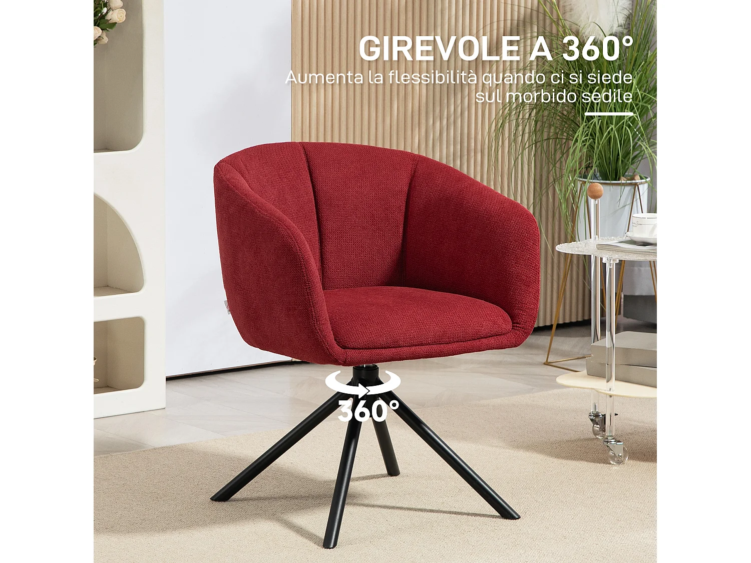 Poltrona moderna girevole con seduta imbottita tessuto bouclé rosso