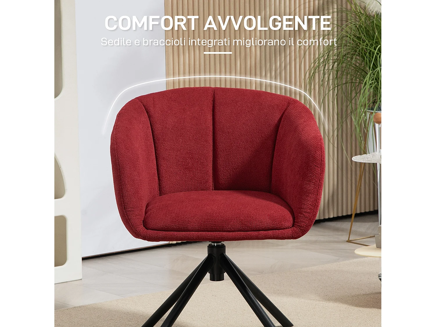 Poltrona moderna girevole con seduta imbottita tessuto bouclé rosso