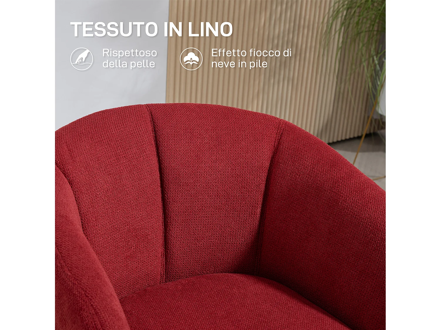 Poltrona moderna girevole con seduta imbottita tessuto bouclé rosso