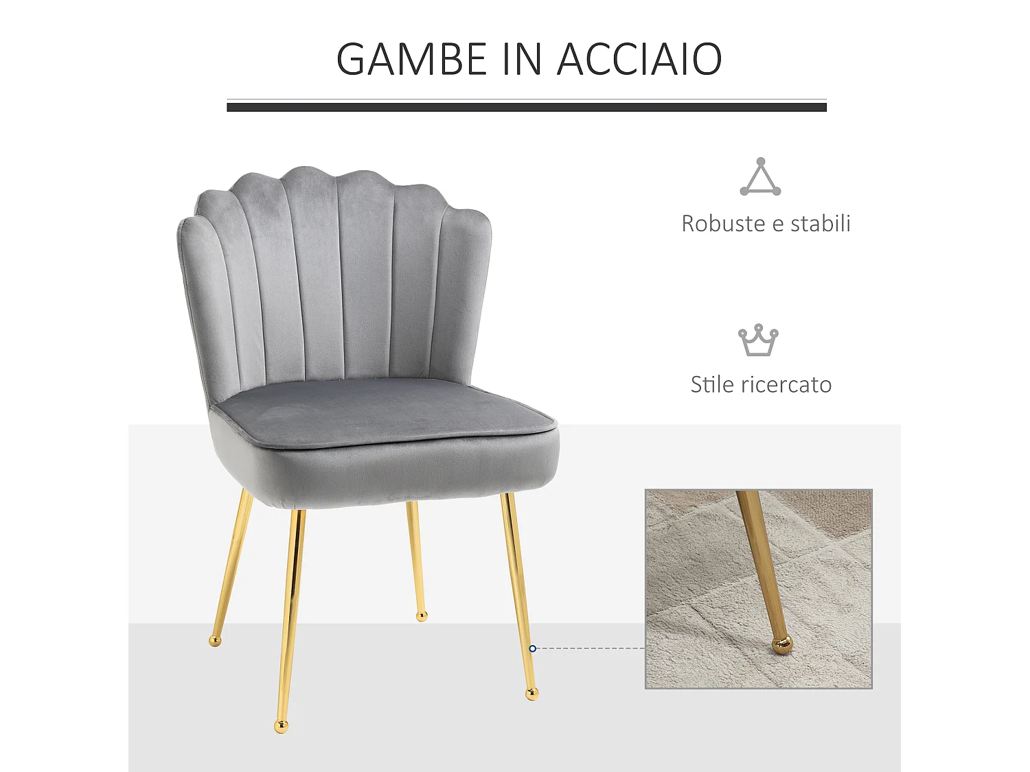 Set 2 sedie moderne e imbottite per salotto 57x58x88cm grigio