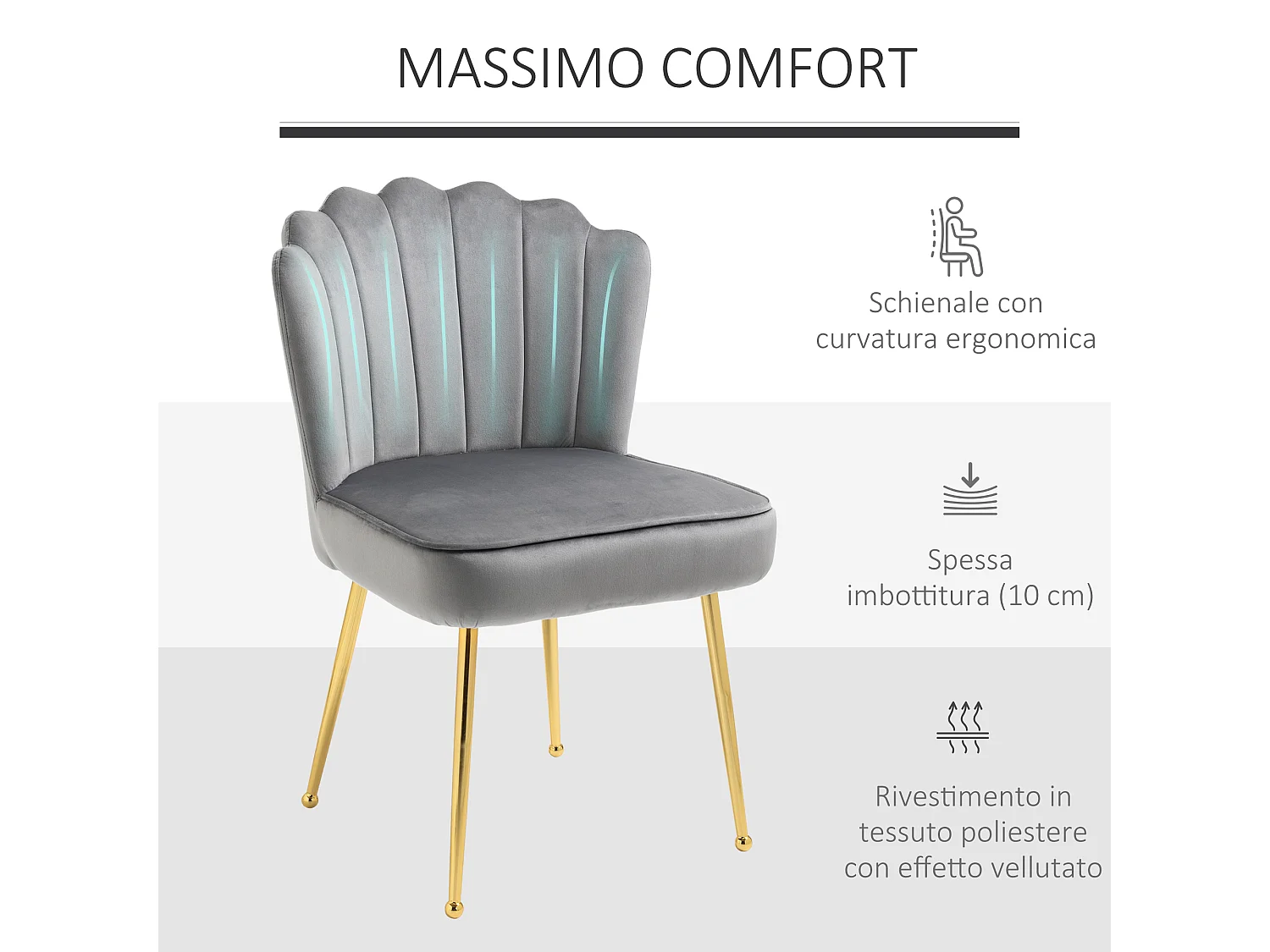 Set 2 sedie moderne e imbottite per salotto 57x58x88cm grigio