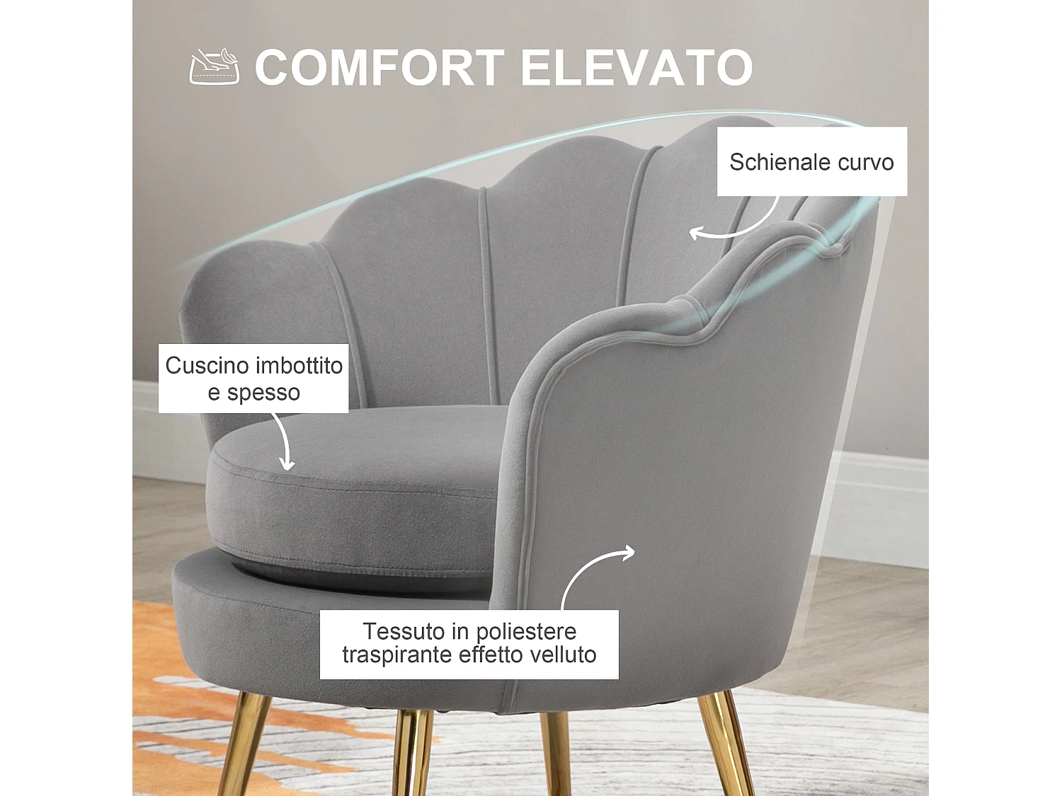 Poltroncina vintage di design da camera in velluto grigio