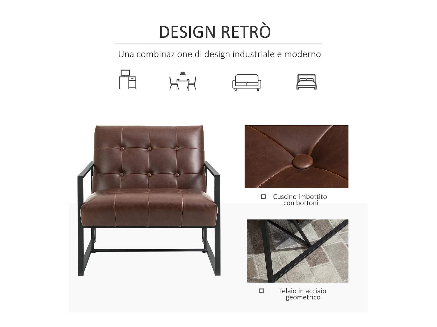 Poltrona stile industriale imbottita in pu e metallo marrone