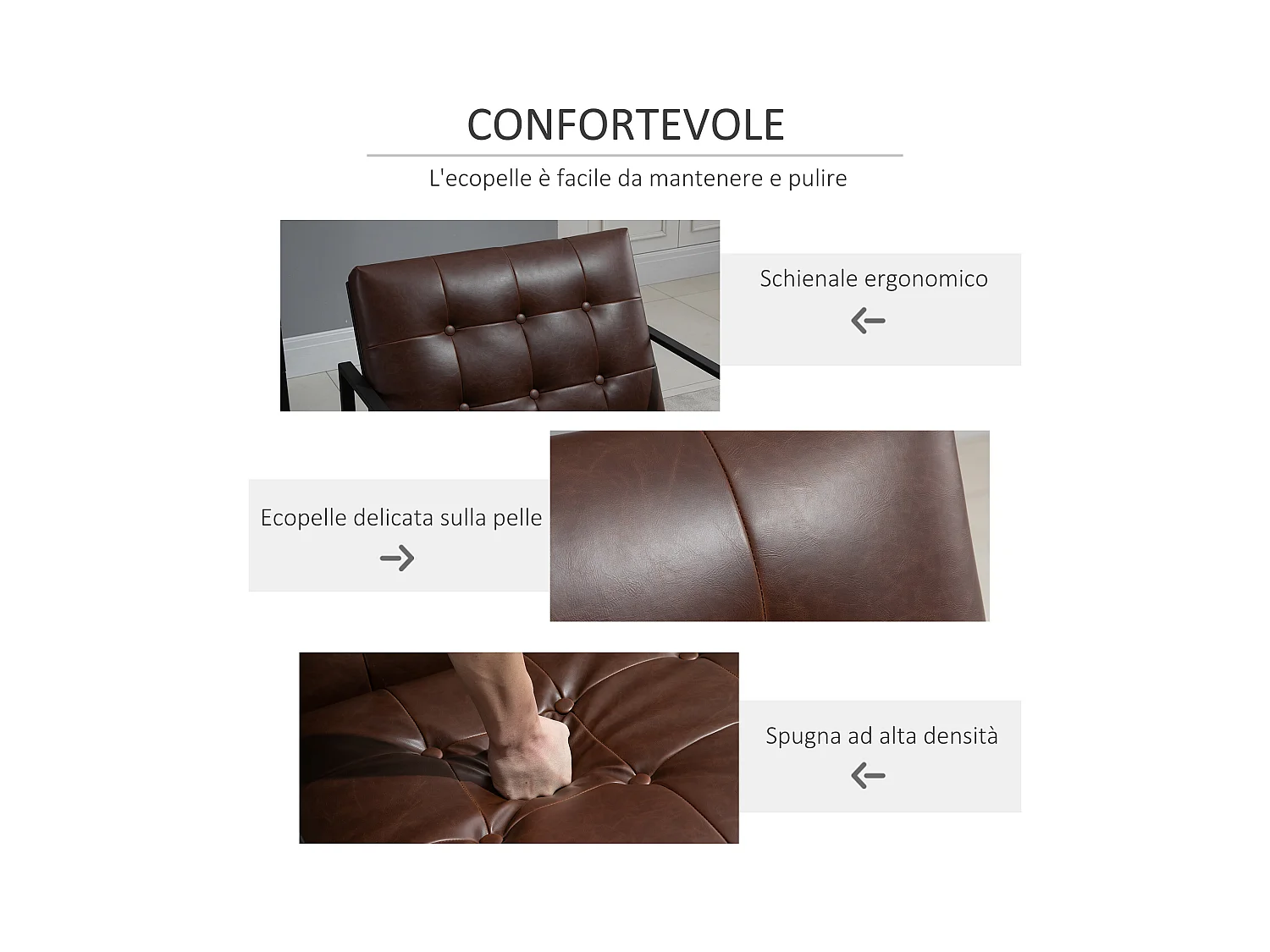 Poltrona stile industriale imbottita in pu e metallo marrone