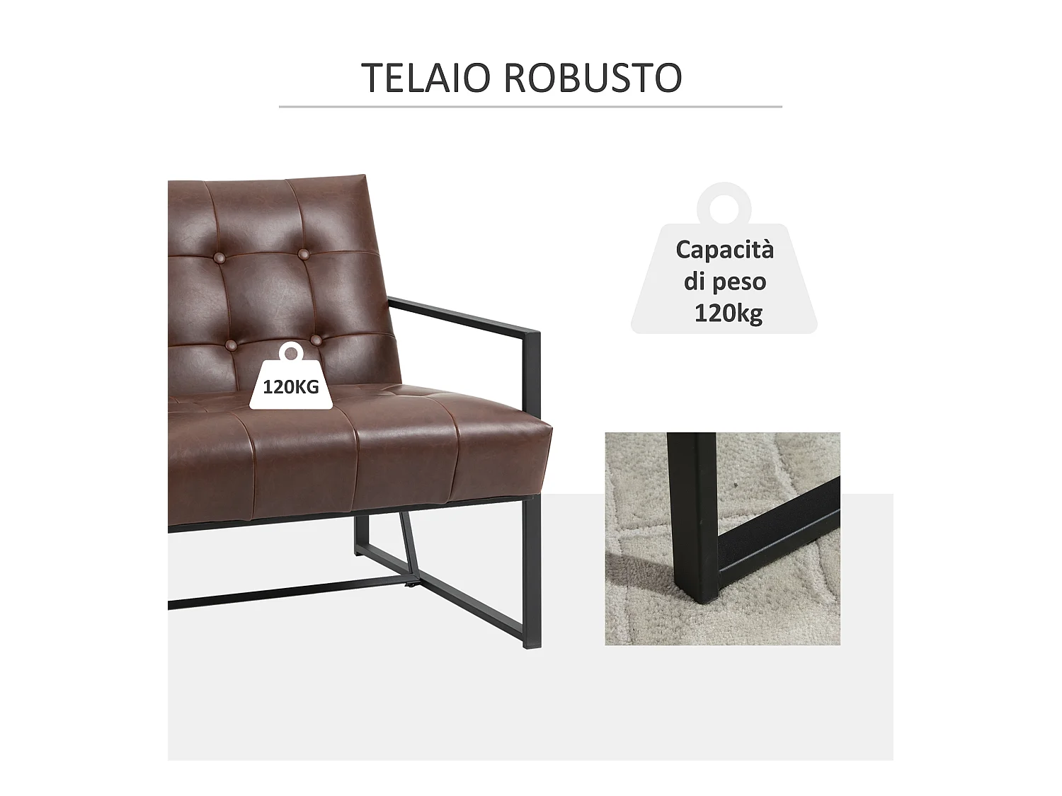 Poltrona stile industriale imbottita in pu e metallo marrone