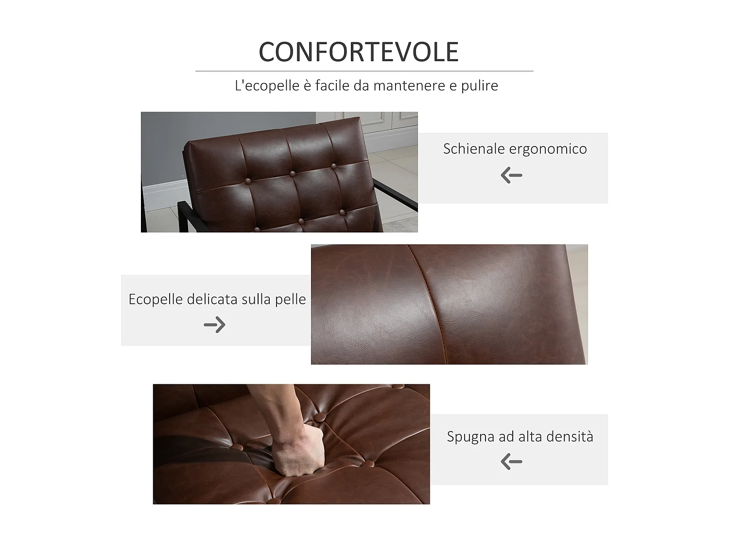 Poltrona stile industriale imbottita in pu e metallo marrone