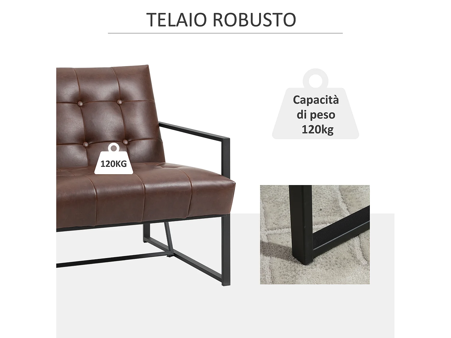 Poltrona stile industriale imbottita in pu e metallo marrone