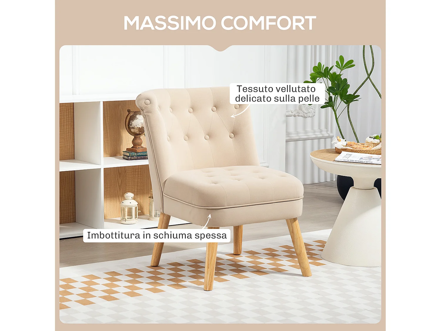 Poltrona per salotto imbottita e trapuntata a bottoni in velluto beige