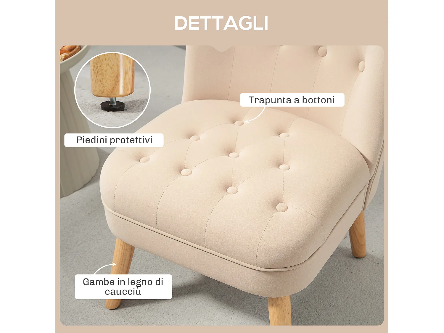 Poltrona per salotto imbottita e trapuntata a bottoni in velluto beige