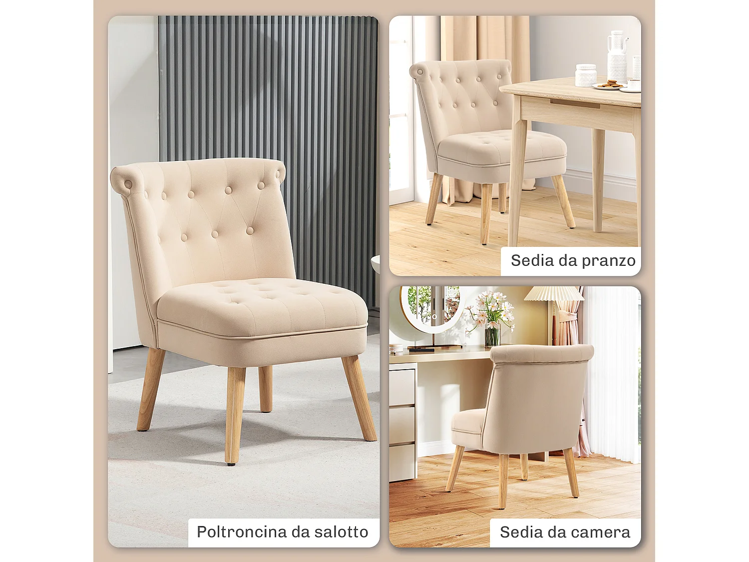 Poltrona per salotto imbottita e trapuntata a bottoni in velluto beige