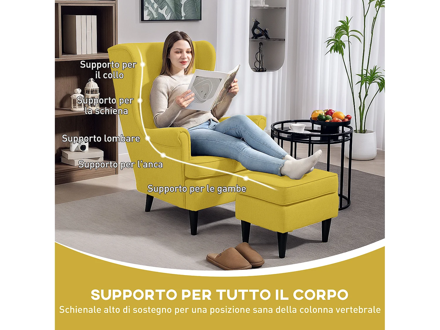 Poltrona con poggiapiedi abbinato in stile contemporaneo giallo