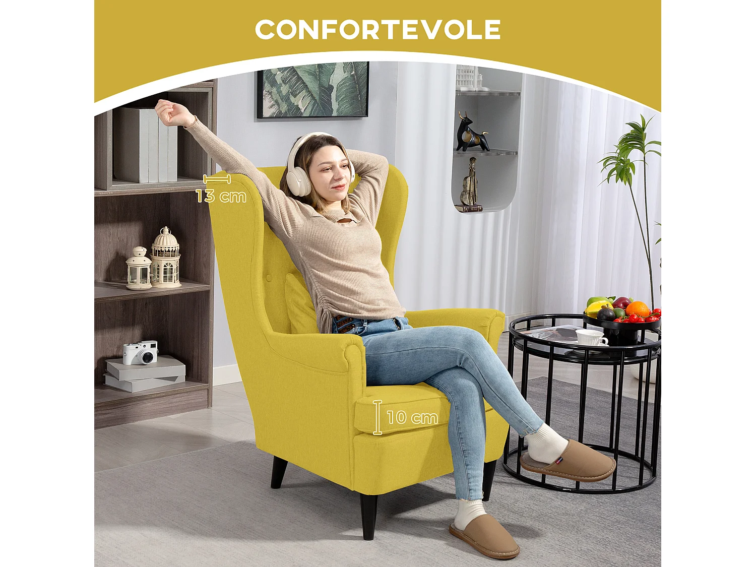 Poltrona con poggiapiedi abbinato in stile contemporaneo giallo