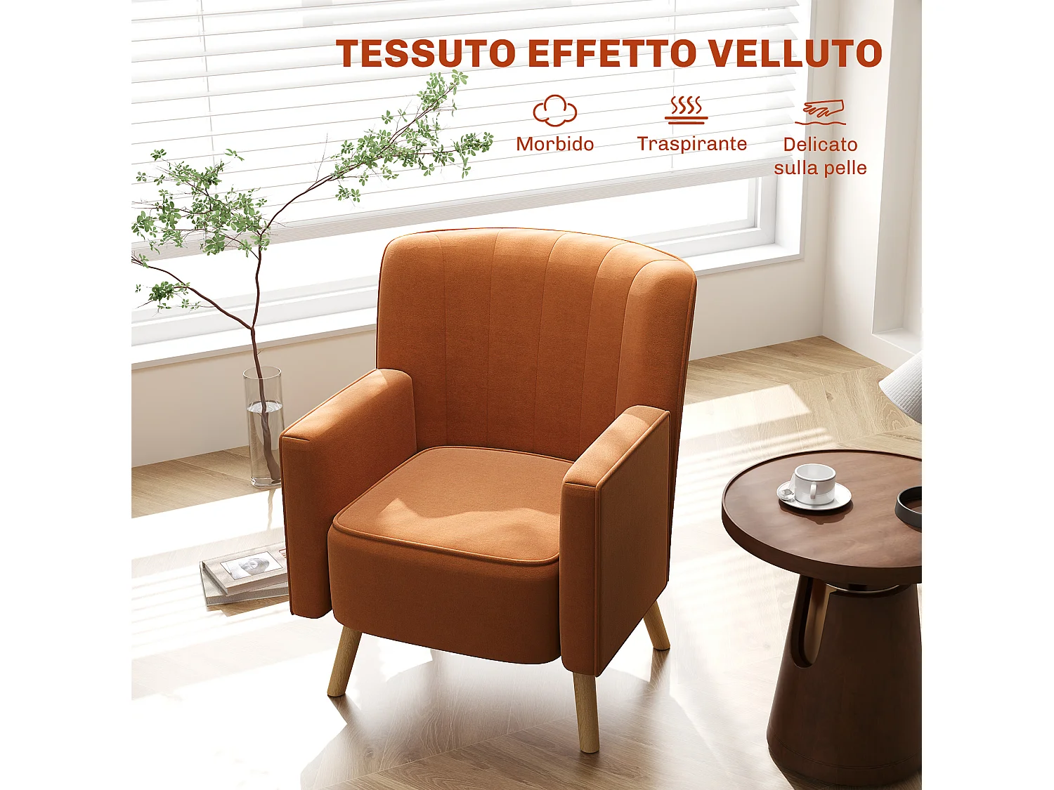 Poltrona d'arredo moderna in tessuto effetto velluto marrone