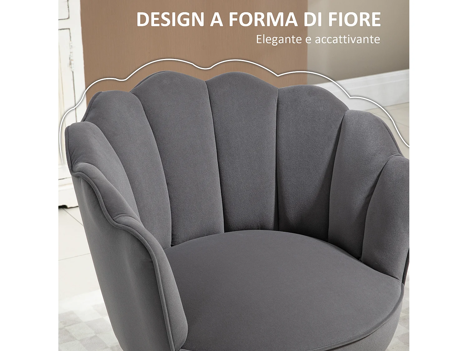 Poltrona in velluto schienale a conchiglia 66x66x78.5cm grigio