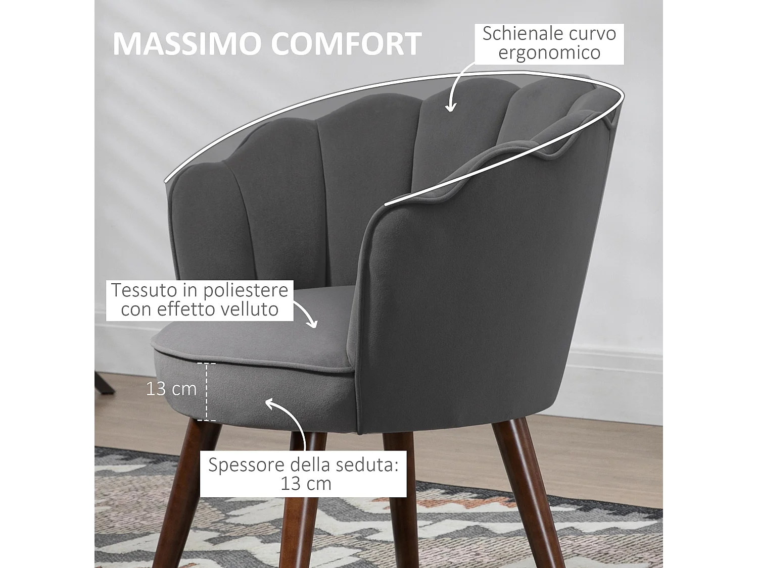Poltrona in velluto schienale a conchiglia 66x66x78.5cm grigio