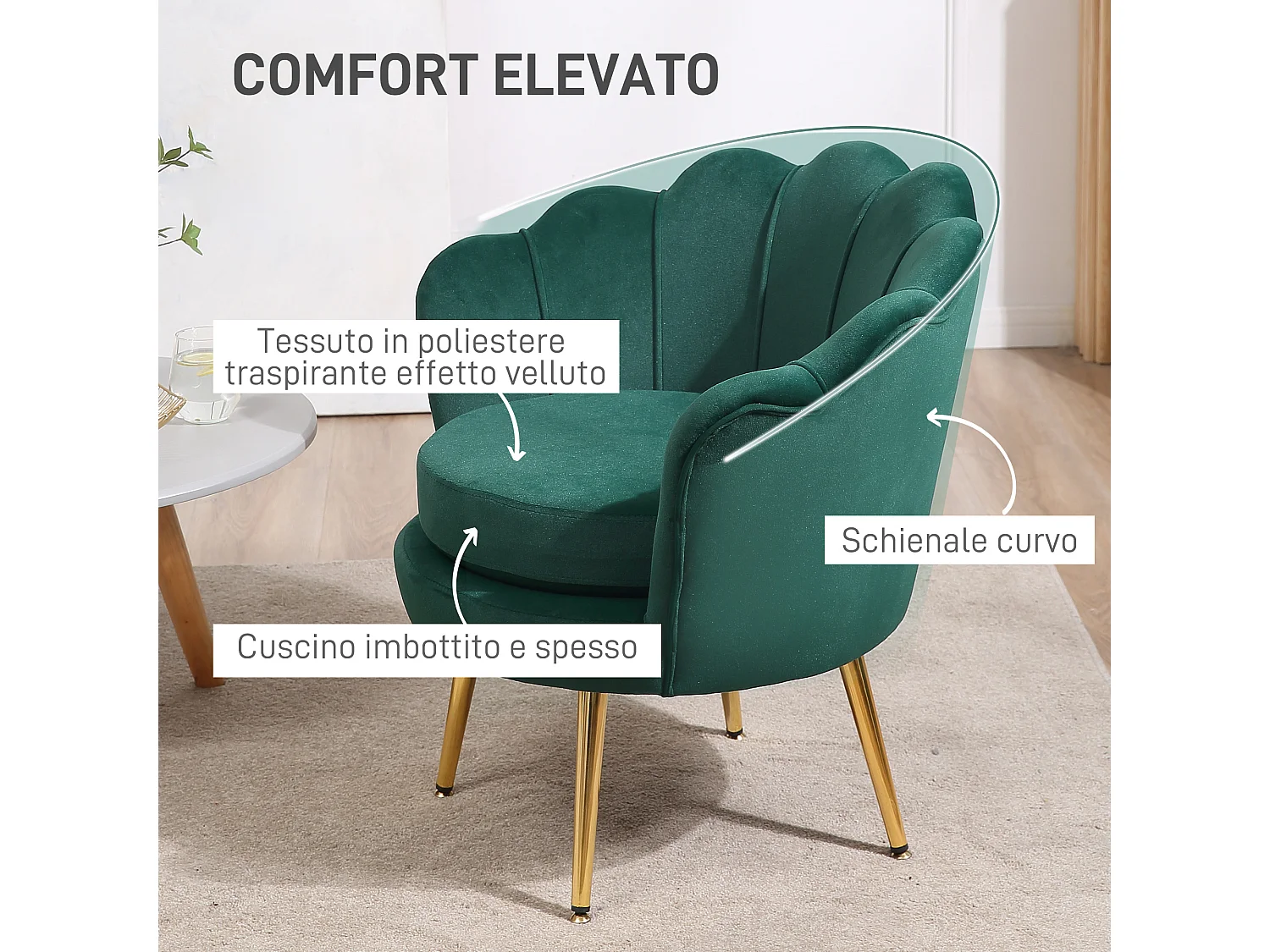 Poltroncina vintage di design da camera in velluto verde