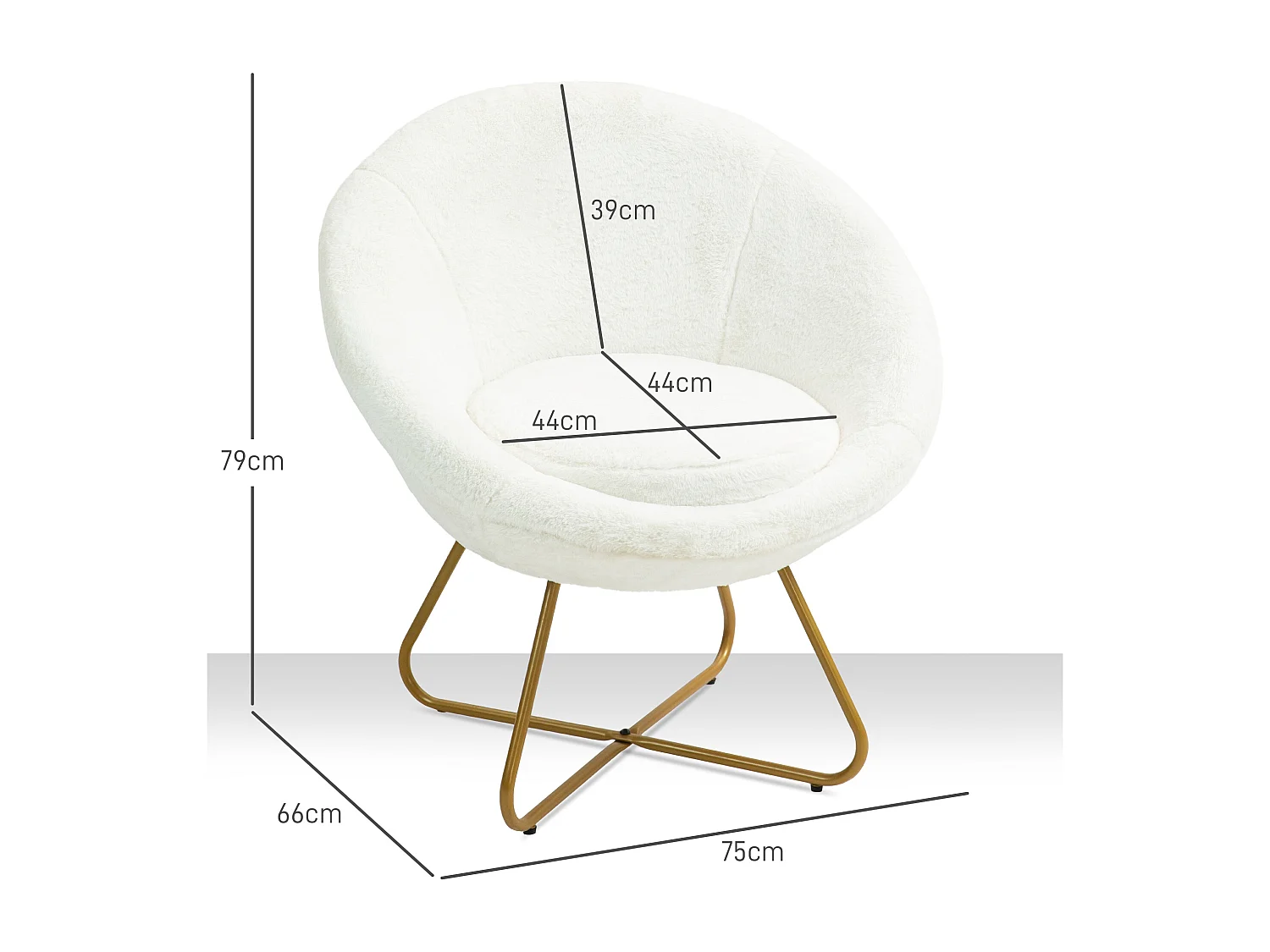 Poltroncina da camera in finta pelliccia e gambe in metallo bianco