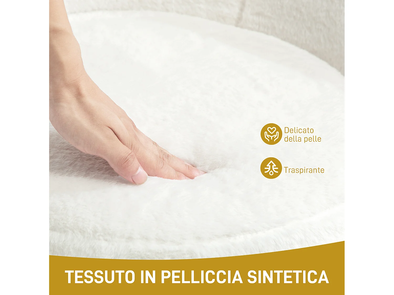 Poltroncina da camera in finta pelliccia e gambe in metallo bianco