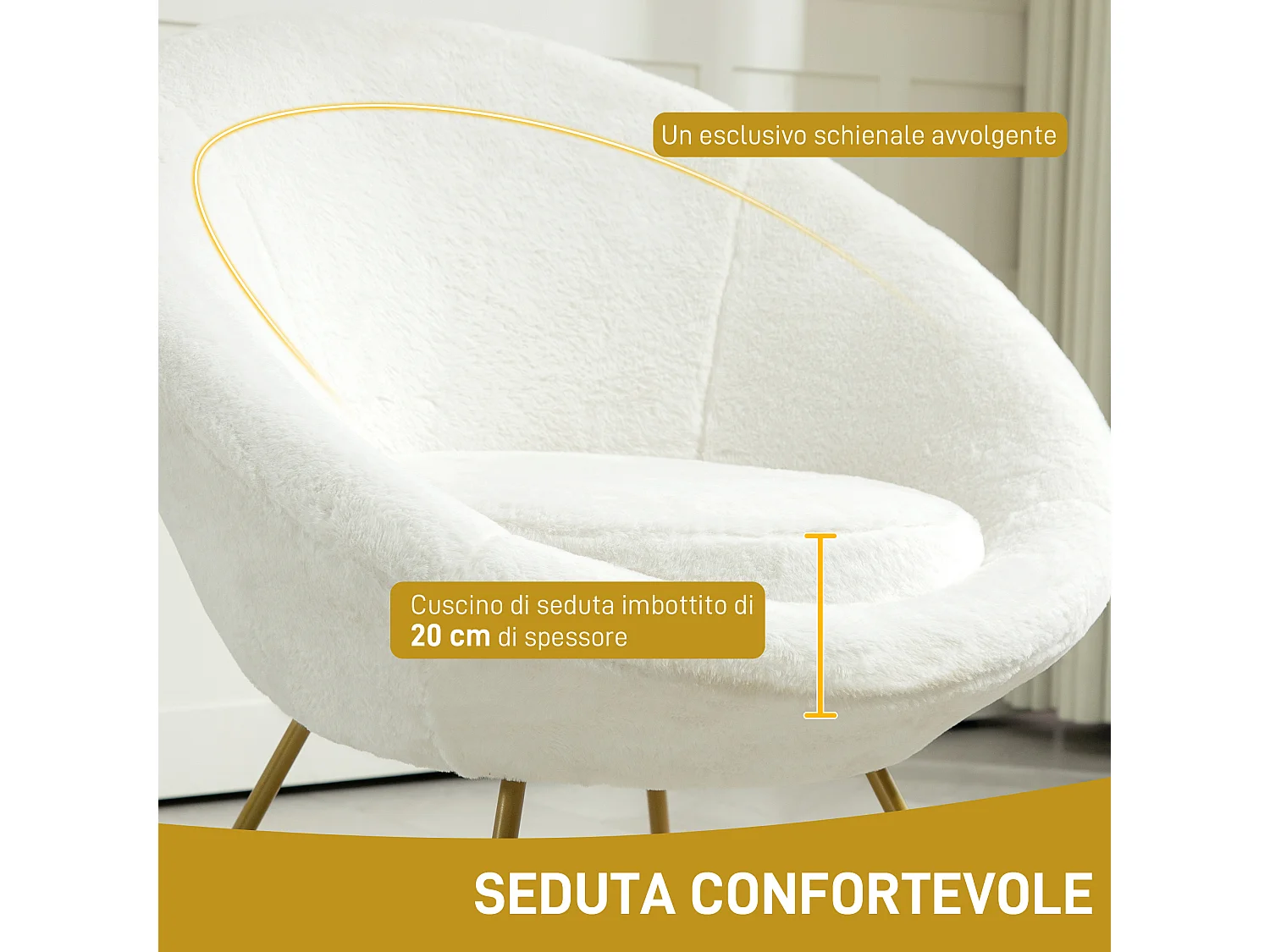 Poltroncina da camera in finta pelliccia e gambe in metallo bianco