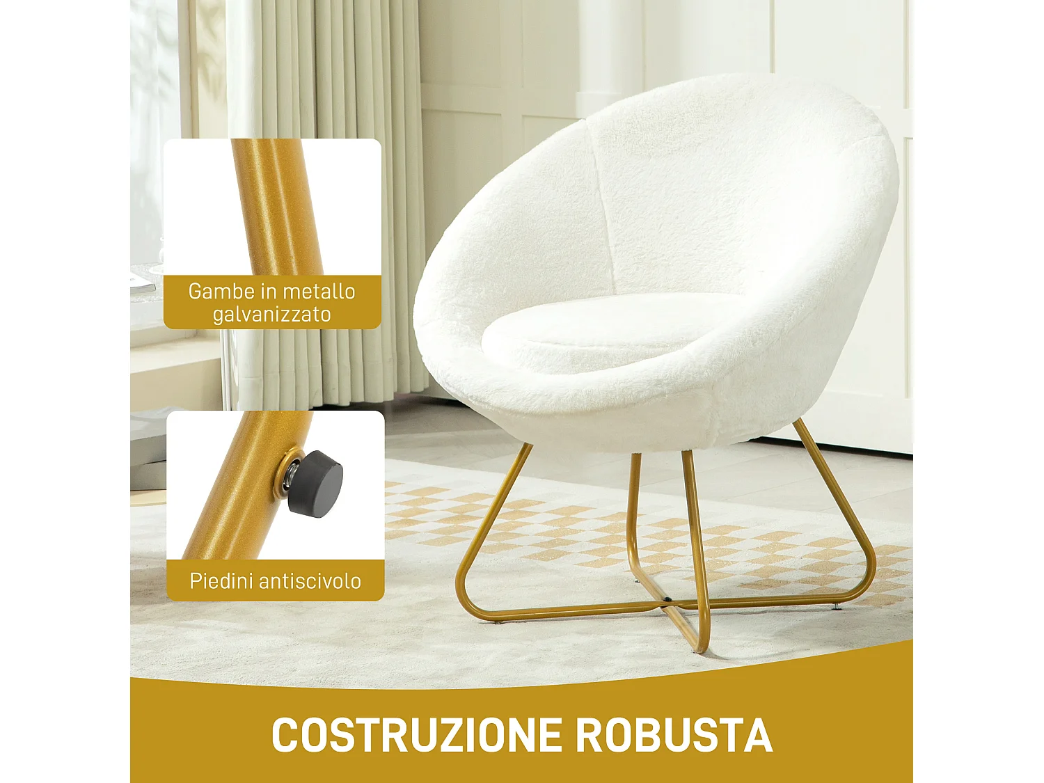 Poltroncina da camera in finta pelliccia e gambe in metallo bianco