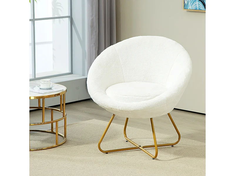 Poltroncina da camera in finta pelliccia e gambe in metallo bianco