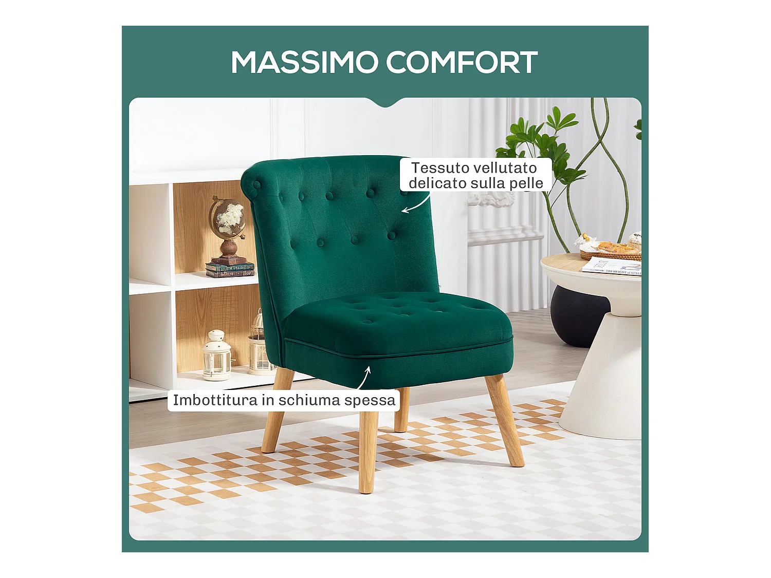 Poltrona per salotto imbottita e trapuntata a bottoni in velluto verde