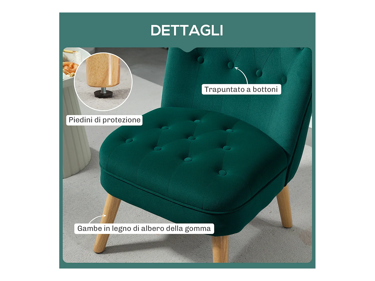 Poltrona per salotto imbottita e trapuntata a bottoni in velluto verde