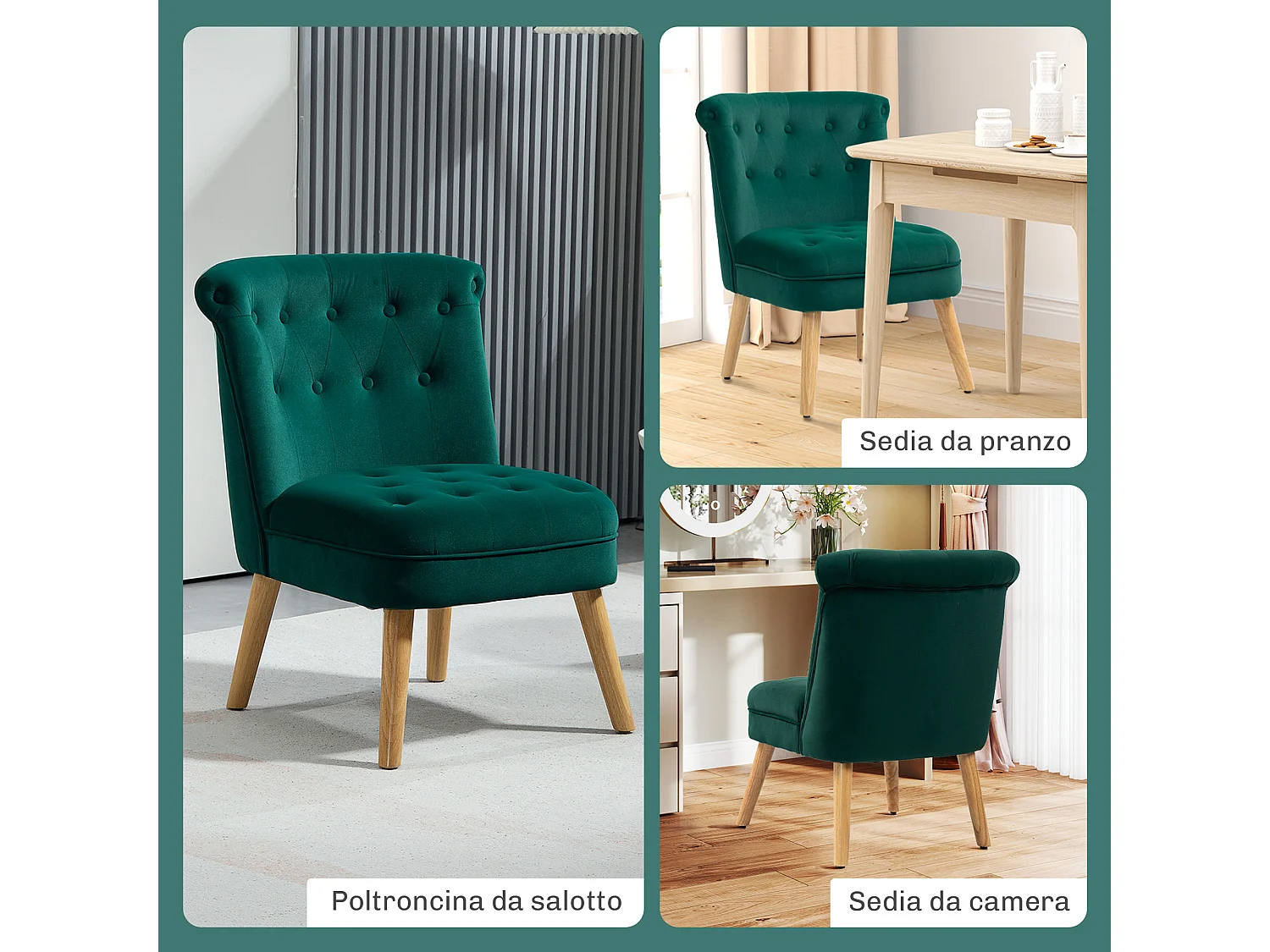 Poltrona per salotto imbottita e trapuntata a bottoni in velluto verde