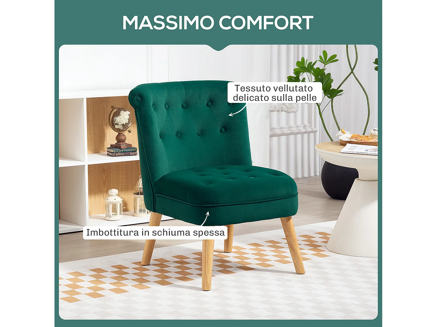 Poltrona per salotto imbottita e trapuntata a bottoni in velluto verde