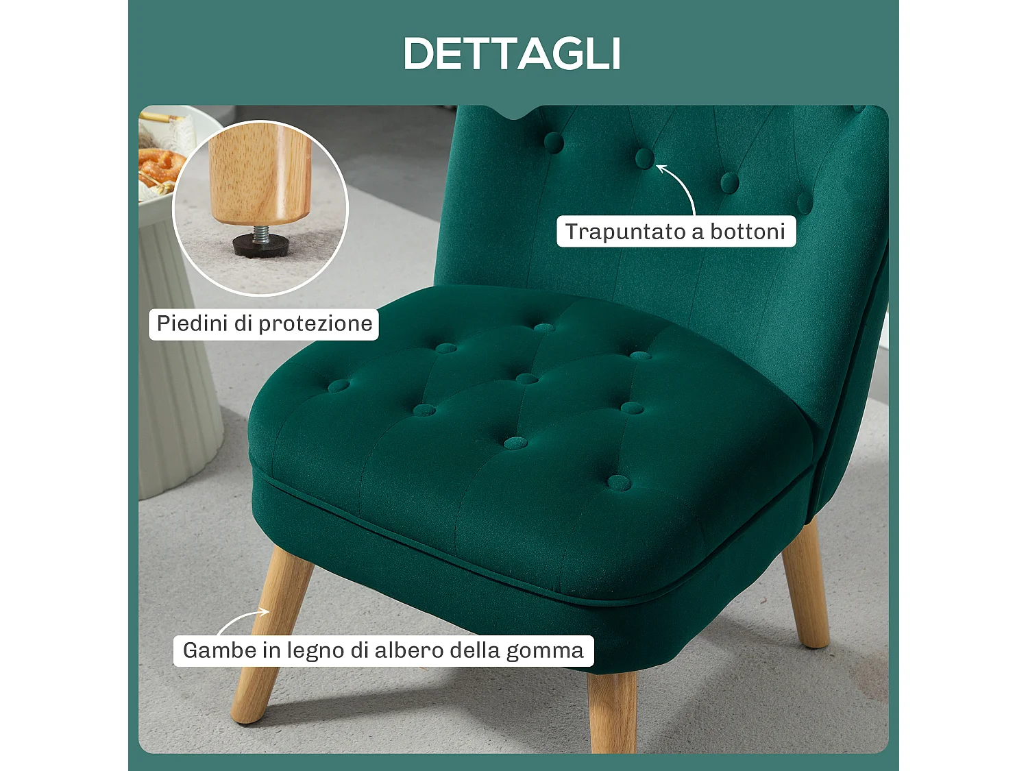 Poltrona per salotto imbottita e trapuntata a bottoni in velluto verde