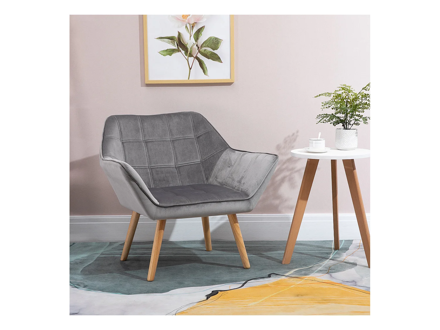 Poltroncina stile nordico in legno ed effetto velluto grigio