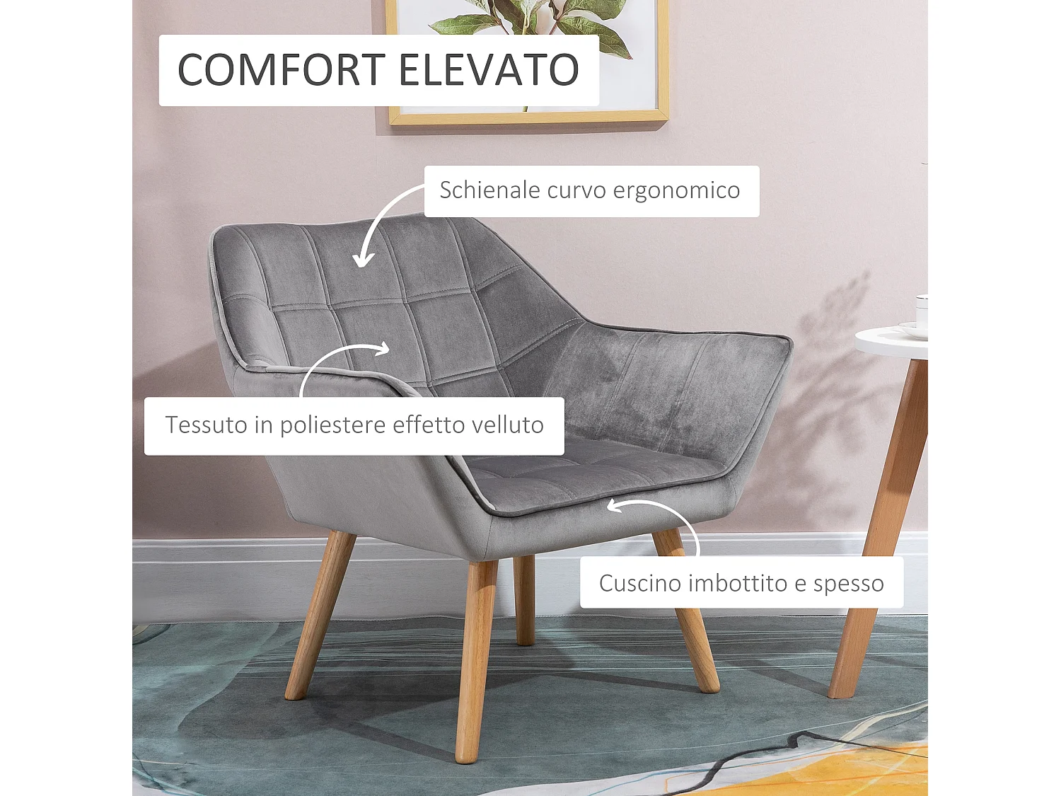 Poltroncina stile nordico in legno ed effetto velluto grigio