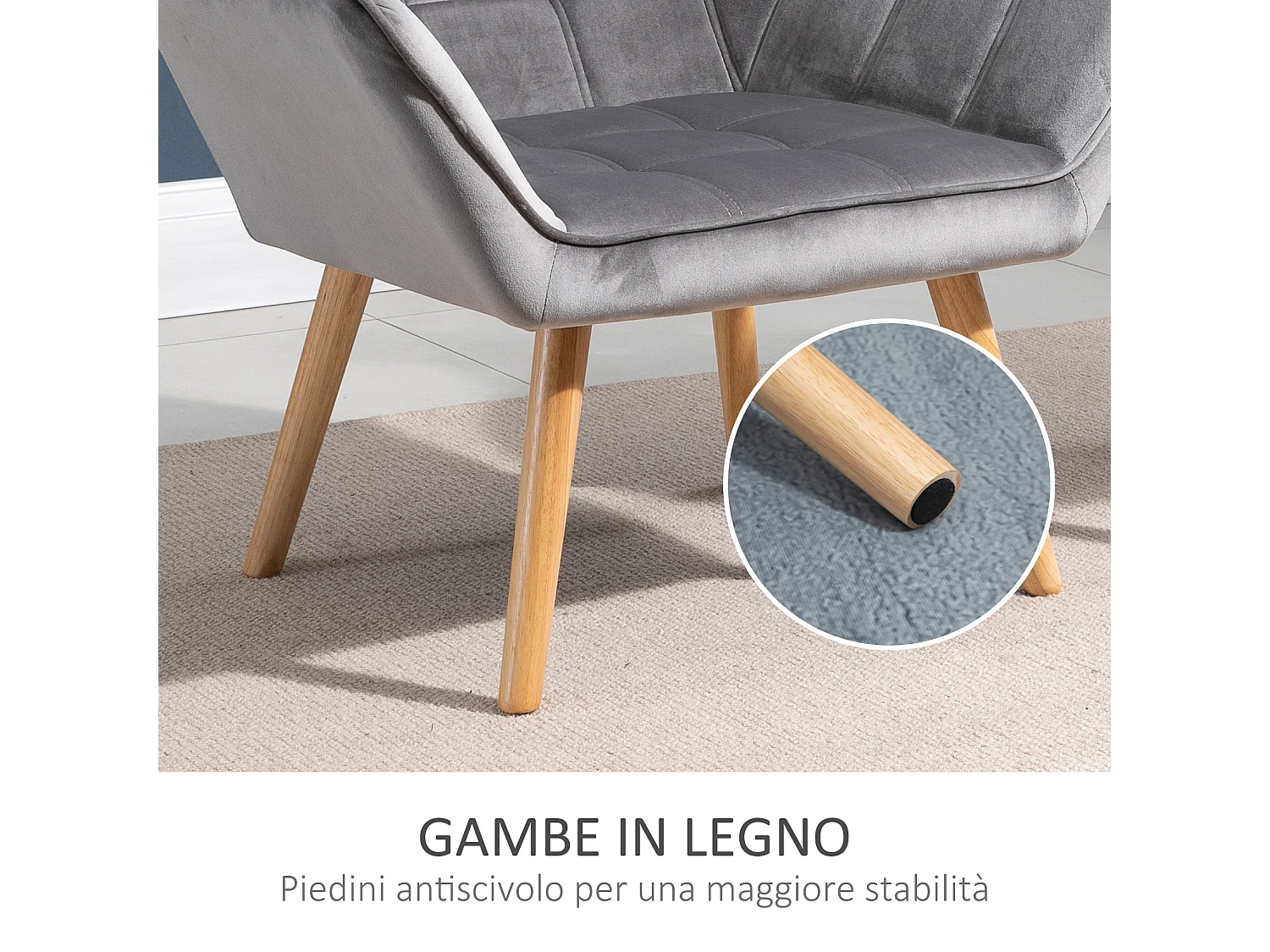 Poltroncina stile nordico in legno ed effetto velluto grigio