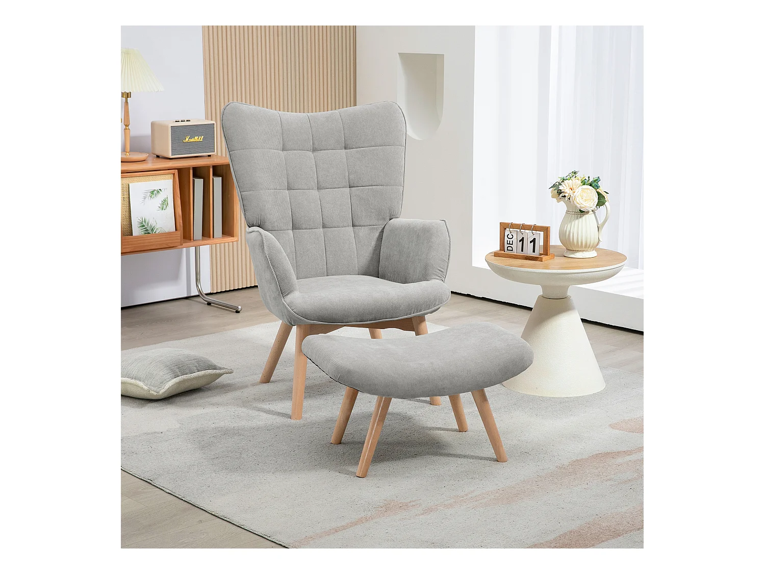 Poltrona relax con pouf poggiapiedi in velluto a costine grigio