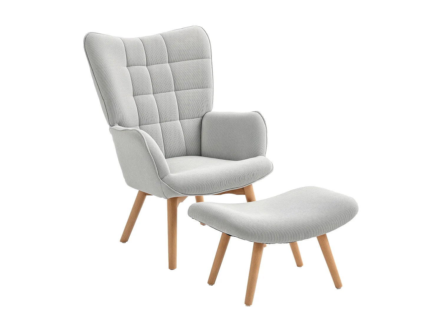 Poltrona relax con pouf poggiapiedi in velluto a costine grigio