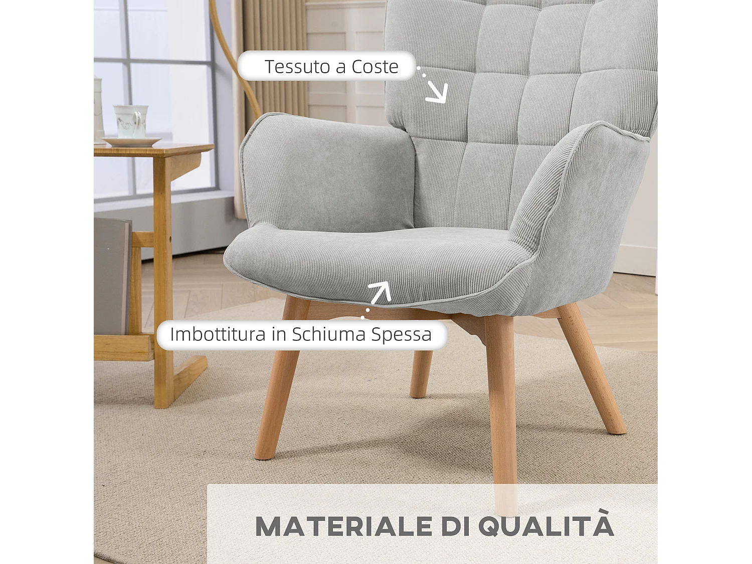 Poltrona relax con pouf poggiapiedi in velluto a costine grigio