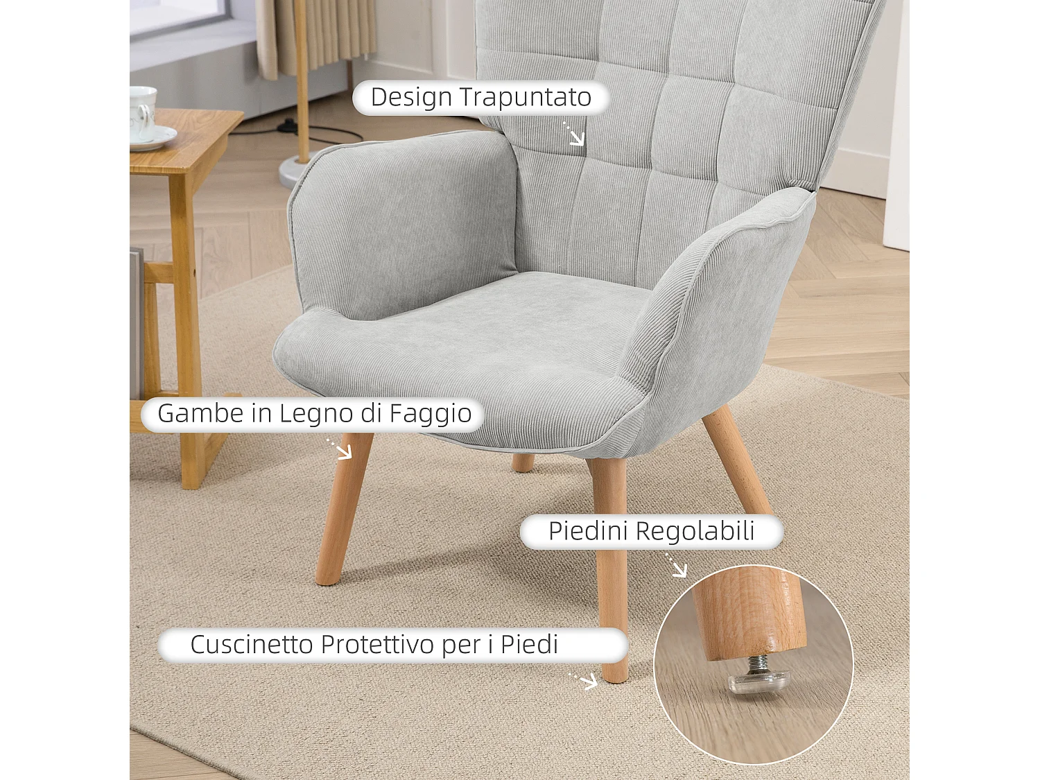 Poltrona relax con pouf poggiapiedi in velluto a costine grigio