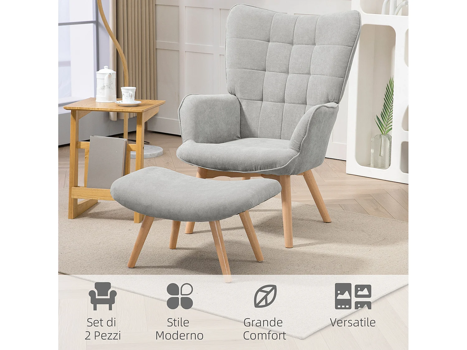 Poltrona relax con pouf poggiapiedi in velluto a costine grigio