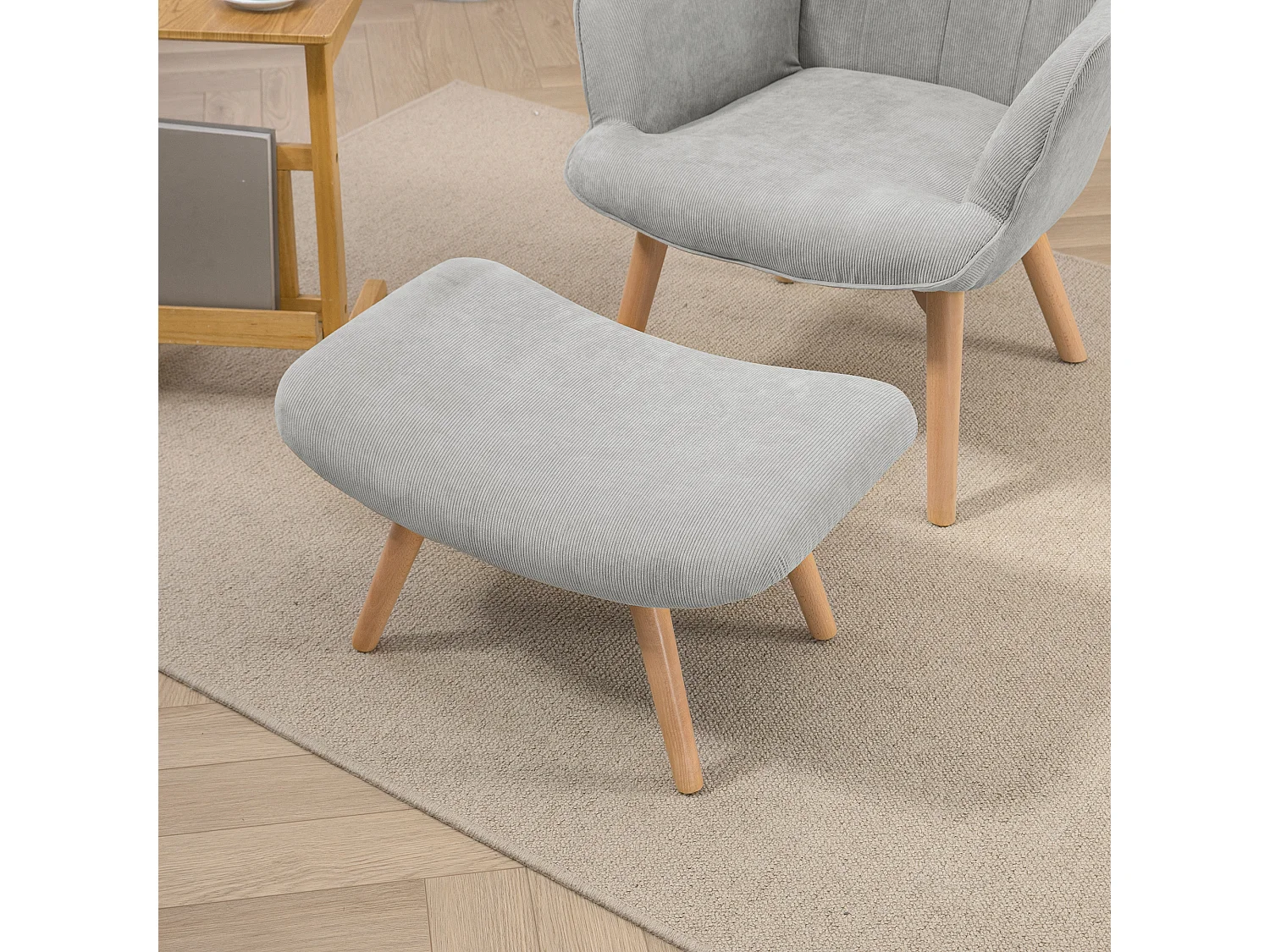 Poltrona relax con pouf poggiapiedi in velluto a costine grigio