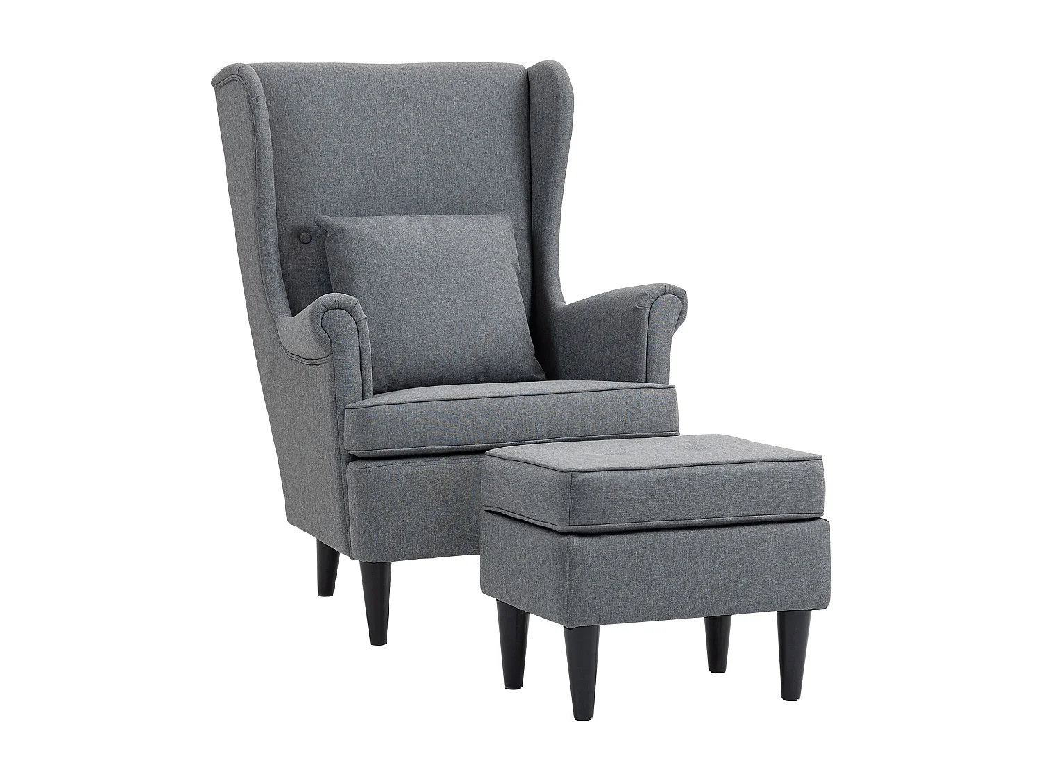 Poltrona da camera con pouf schienale alto e cuscino in tessuto grigio