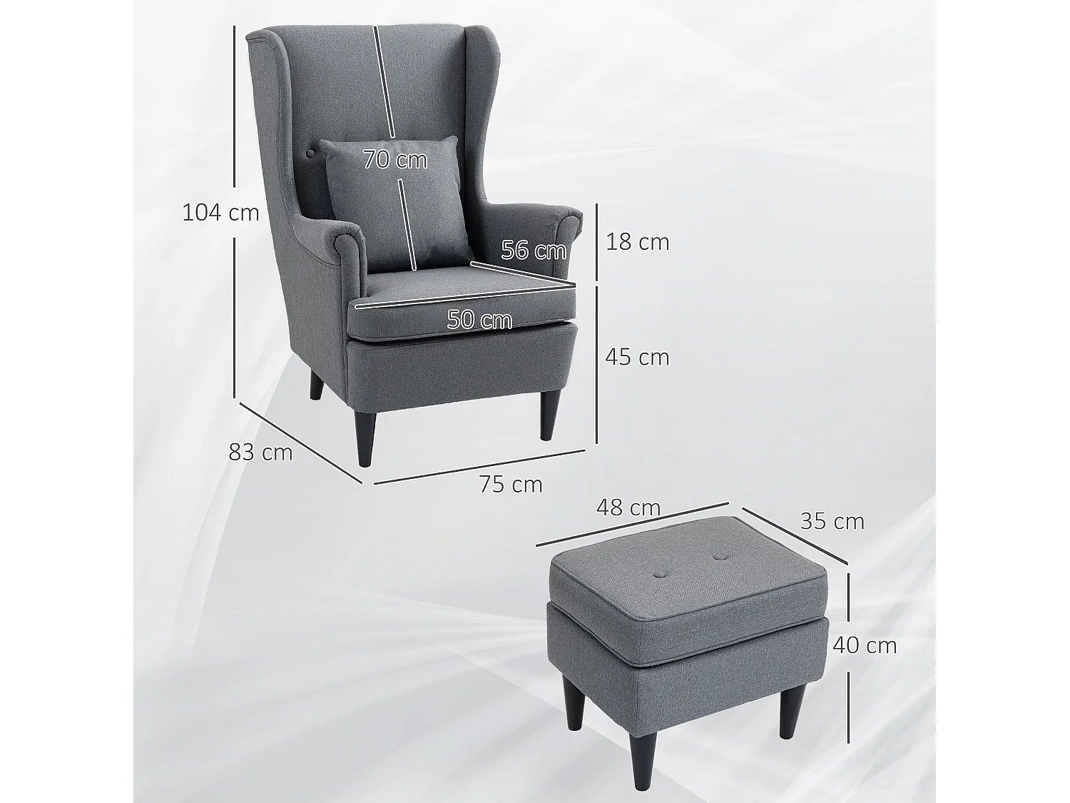 Poltrona da camera con pouf schienale alto e cuscino in tessuto grigio